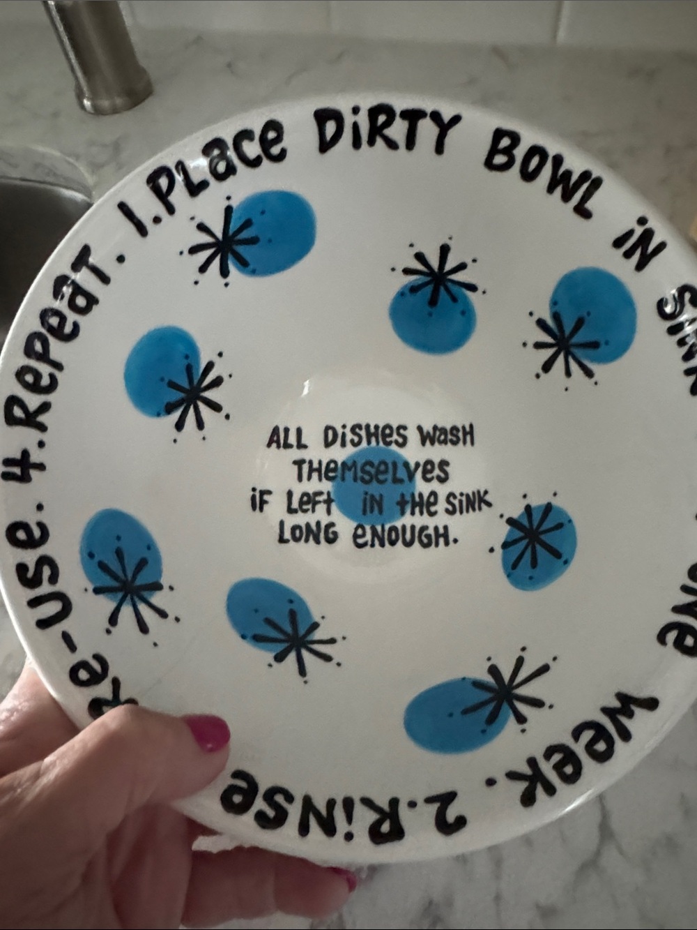 Ceramic Serving Bowl with Blue Atomic Motif and Playful Script